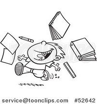 Cartoon Black and White Line Art of a Happy Boy Throwing Supplies on the Last Day of School by Toonaday