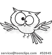 Cartoon Black and White Line Art of a Cross Eyed Owl Flying by Toonaday