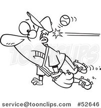Cartoon Black and White Line Art of a Distracted Baseball Player Getting Whacked in the Head by Toonaday