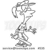 Cartoon Coloring Page Line Art of a Baseball Girl with Bandages over Her Blistered Fingers by Toonaday