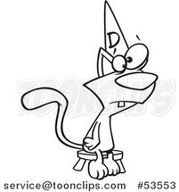 Cartoon Outlined Dumb Cat Sitting on a Stool and Wearing a Dunce Hat by Toonaday