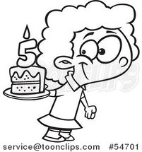 Cartoon Black and White Happy Girl Holding Her Fifth Birthday Cake by Toonaday
