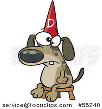 Cartoon Dumb Dog Wearing a Hat on a Stool by Toonaday