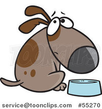 Cartoon Hungry Brown Dog Looking over His Shoulder by a Dish by Toonaday