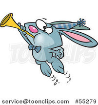 Cartoon Blue New Year Party Rabbit Blowing a Horn by Toonaday