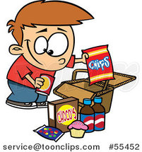 Cartoon Boy Packing Junk Food into a Picnic Basket by Toonaday