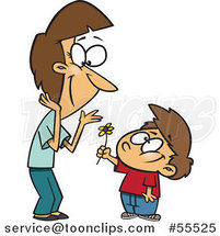 Cartoon Thoughtful Boy Giving His Mom a Flower by Toonaday