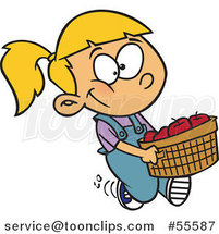 Cartoon Happy Blond White Girl Carrying a Bushel of Apples by Toonaday