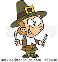 Cartoon Hungry Thanksgiving Pilgrim Boy Holding Silverware by Toonaday