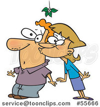Cartoon Lady Kissing a Guy Under the Mistletoe by Toonaday
