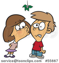 Cartoon Girl Kissing a Boy Under Mistletoe by Toonaday