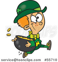 Cartoon St Patricks Day Leprechaun Boy Running with a Pot of Gold by Toonaday
