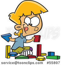 Cartoon White School Girl Playing with Manipulatives Blocks by Toonaday