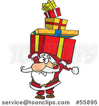 Cartoon Santa Holding a Stack of Christmas Gifts over His Head by Toonaday