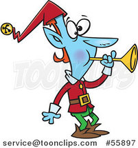 Cartoon Blue Christmas Elf Blowing a Horn by Toonaday