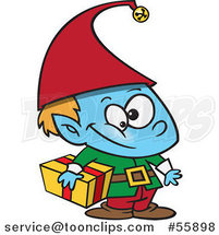 Cartoon Blue Christmas Elf Boy Carrying a Gift by Toonaday