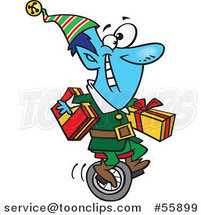 Cartoon Blue Christmas Elf Carrying Gifts on a Unicycle by Toonaday