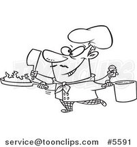 Cartoon Black and White Line Drawing of a Multi Tasking Chef by Toonaday