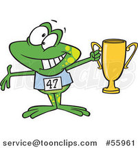 Cartoon Winner Frog Holding up a Trophy by Toonaday