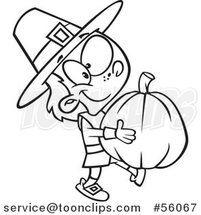 Cartoon Outline Pilgrim Boy Carrying a Big Pumpkin by Toonaday