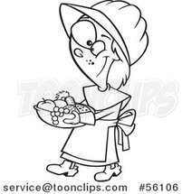 Cartoon Outline Thanksgiving Pilgrim Girl Carrying a Basket of Fruit and Veggies by Toonaday