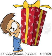 Cartoon Brunette White Boy Holding a Big Christmas Gift by Toonaday