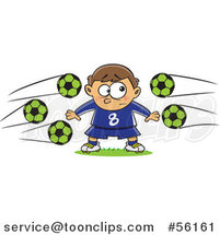 Cartoon Nervous Goal Tender White Boy with Soccer Balls Flying at Him by Toonaday