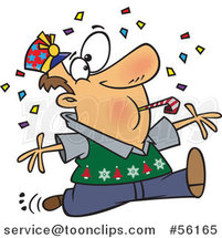 Cartoon Festive Brunette White Guy Blowing a Noise Maker and Jumping in Confetti on New Years by Toonaday