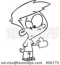 Cartoon Outline Valentines Day Boy Holding a First Love Heart by Toonaday