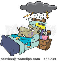 Cartoon Really Sick Guy Resting in Bed, with a Cloud over Him by Toonaday
