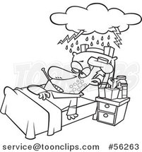 Outline Cartoon Really Sick Guy Resting in Bed, with a Cloud over Him by Toonaday