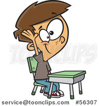 Cartoon Brunette White School Boy Raising His Hand at a Desk by Toonaday