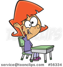 Cartoon Smart Red Haired White School Girl Raising Her Hand at Her Desk by Toonaday