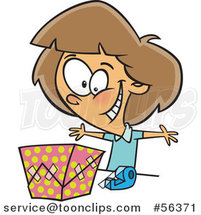 Cartoon Excited Brunette White Girl Wrapping a Gift by Toonaday