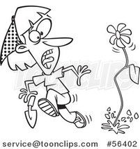 Cartoon Outline Flower Springing up and Scaring a Lady in a Garden by Toonaday