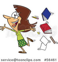 Cartoon Excited Brunette White Female Teacher Running Gleefully and Throwing up Books by Toonaday