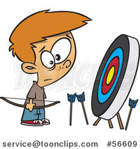 Cartoon White Archery Boy with Many Missed Arrows Around a Target by Toonaday