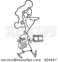 Cartoon Outline Lady Carrying Coffee and Donuts by Toonaday