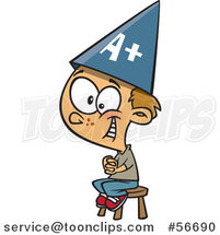 Cartoon Smart Dirty Blond White School Boy Sitting on a Stool and Wearing an a Plus Hat by Toonaday