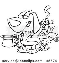 Cartoon Black and White Line Drawing of a Magician Dog Pulling a Cat out of a Hat by Toonaday