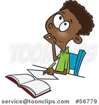 Cartoon Black School Boy Writing and Thinking While Figuring out a Math Problem by Toonaday