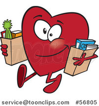 Cartoon Giving Heart Character Carrying Bags of Groceries to Donate by Toonaday