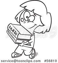 Cartoon Outline School Girl Walking and Carrying Math Books by Toonaday
