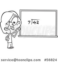Cartoon Outline School Girl Pondering over an Equation on a Chalk Board by Toonaday