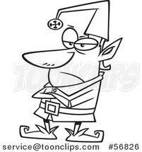 Cartoon Outline Grumpy Christmas Elf Standing with Folded Arms by Toonaday