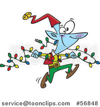 Cartoon Blue Christmas Elf Running with a Strand of Lights by Toonaday