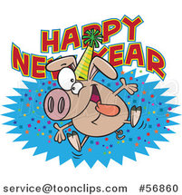 Cartoon Hyper Pig Wearing a Party Hat and Jumping over a New Year Greeting by Toonaday