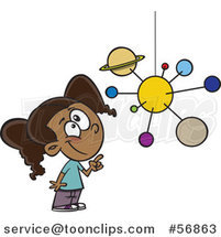 Cartoon Smart Black School Girl Looking up and Pointing at a Solar System Mobile by Toonaday