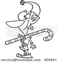 Cartoon Outline Christmas Elf Carrying a Cane over His Shoulder by Toonaday