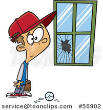 Cartoon Worried White Boy Standing Next to a Window Broken by a Baseball by Toonaday